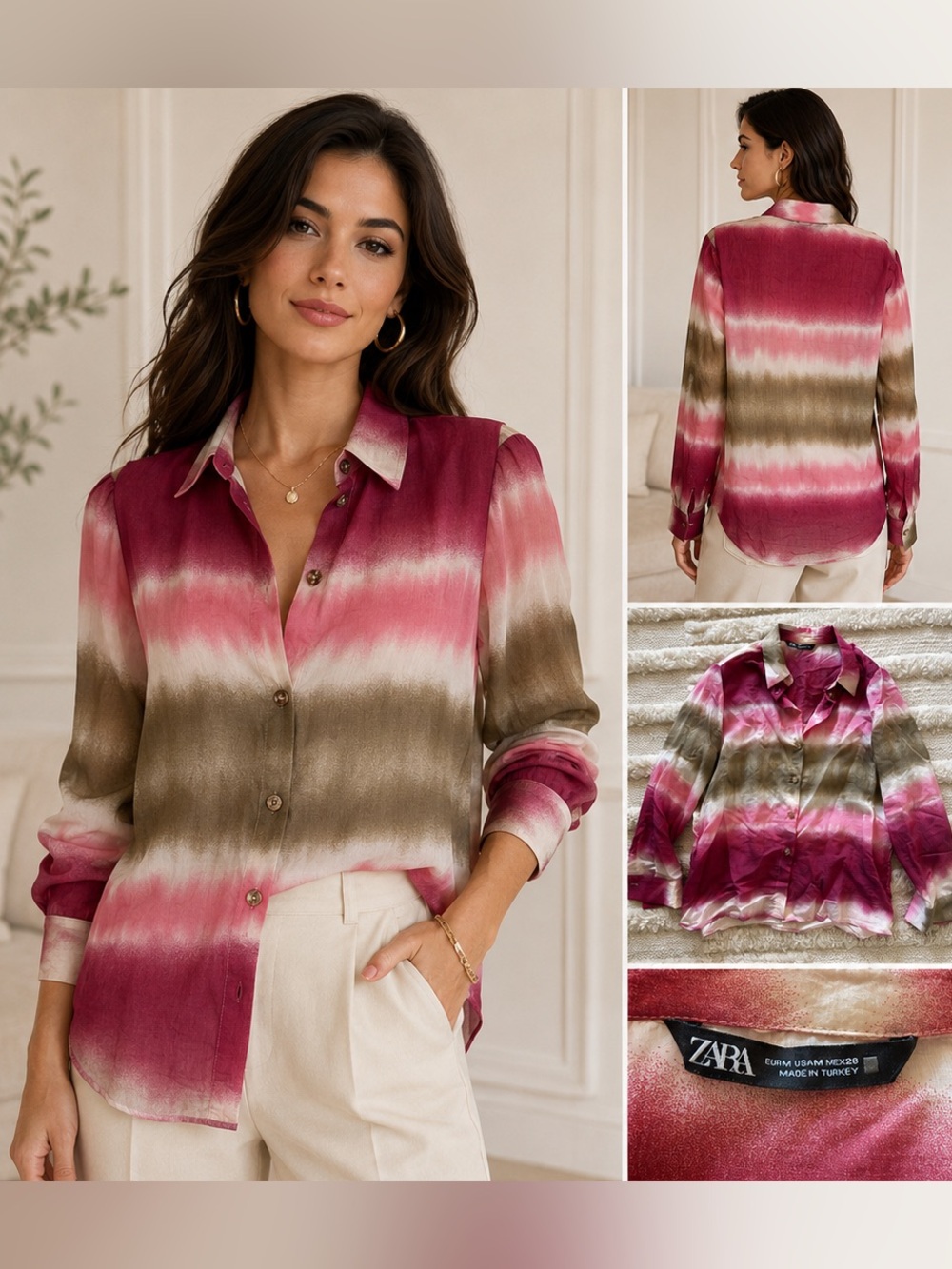 Zara Sheer Watercolor Stripe Button Front Blouse M
